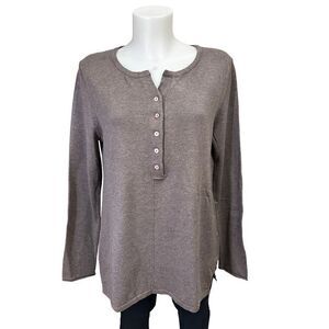 LILLA P Brown Cotton Blend Knit Pullover Henley Tunic Sweater size Large‎